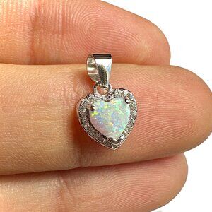 White Lab Opal Heart Pendant 11mm 925 Sterling Silver Dainty Opal Charm Gift